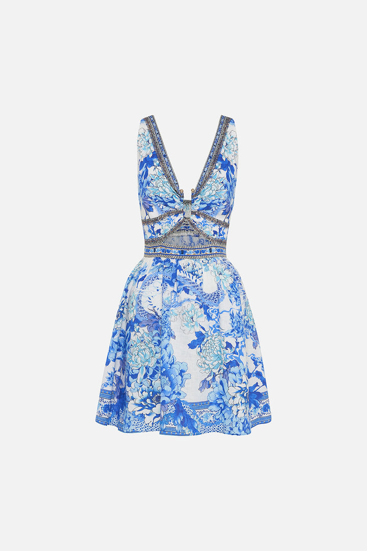 Camilla Short V Neck Cutout Linen Dress, Heart Of A Dragon Blue Floral