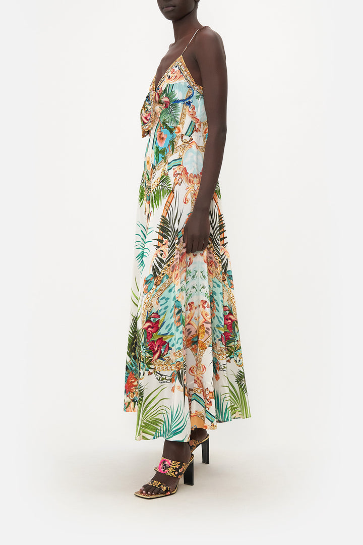 Camilla Long Dress with Tie Front, Royalty Loyalty Silk Floral Dress