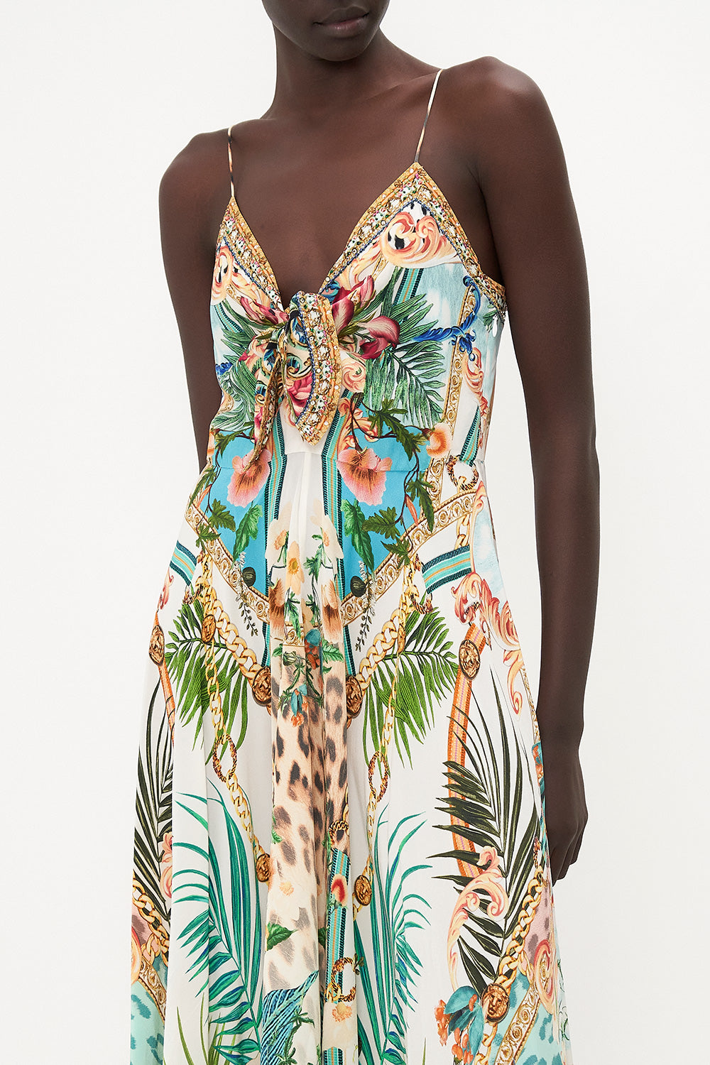 Camilla Long Dress with Tie Front, Royalty Loyalty Silk Floral Dress