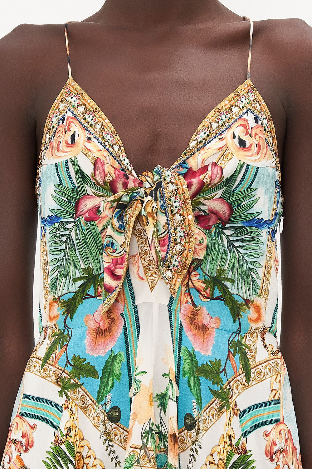 Camilla Long Dress with Tie Front, Royalty Loyalty Silk Floral Dress