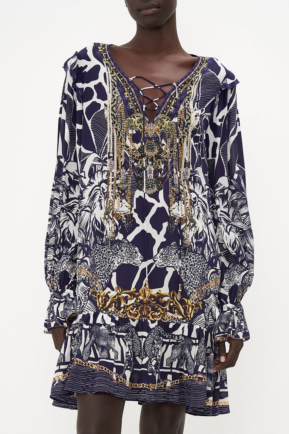 Camilla Ruffle Lace Up Silk Mini Dress, Where's Your Head At Print