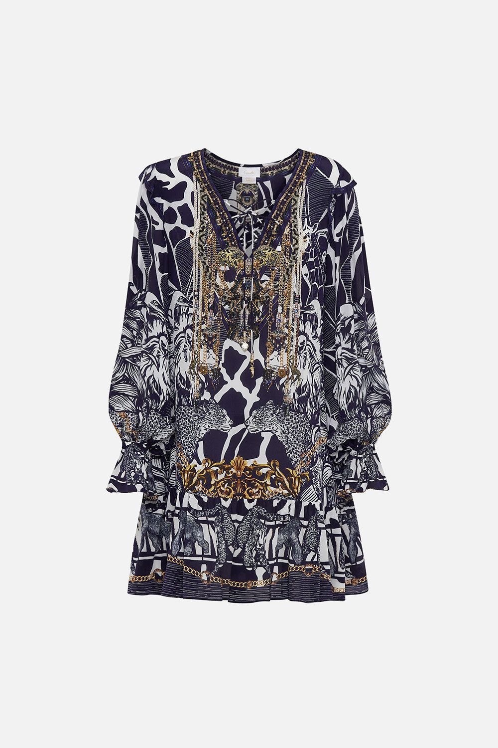 Camilla Ruffle Lace Up Silk Mini Dress, Where's Your Head At Print
