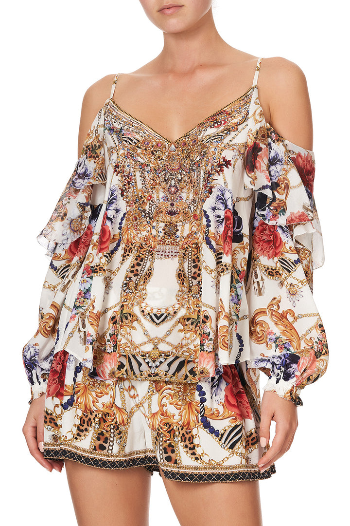 Camilla Drop Shoulder Ruffle Silk Blouse, Reign Supreme Designer Beachwear