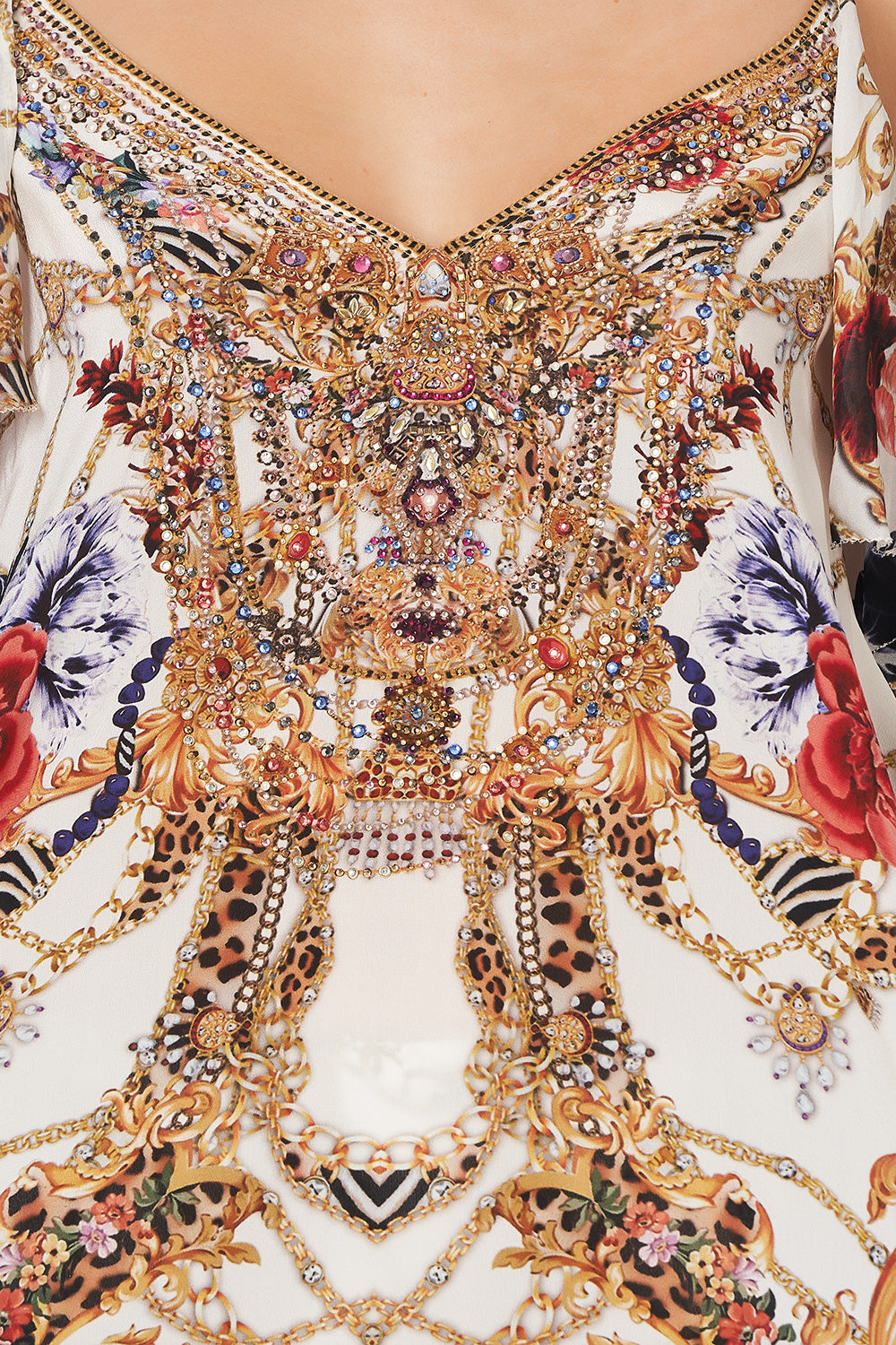 Camilla Drop Shoulder Ruffle Silk Blouse, Reign Supreme Designer Beachwear