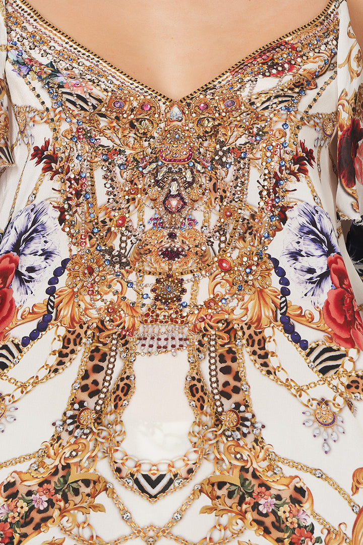 Camilla Drop Shoulder Ruffle Silk Blouse, Reign Supreme Designer Beachwear