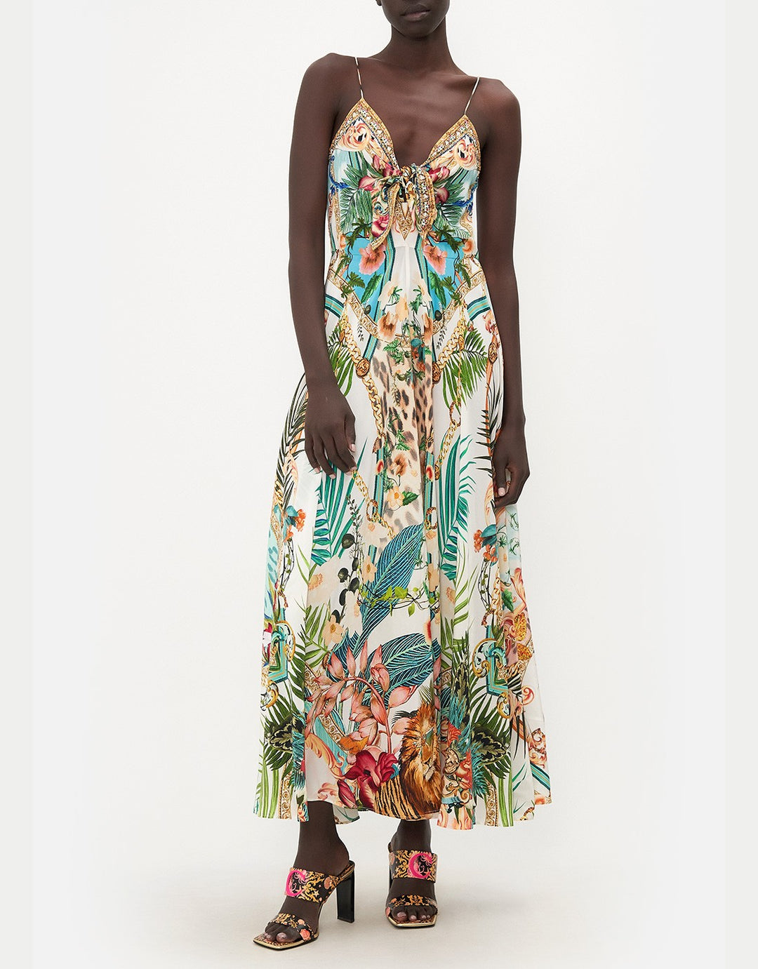 Camilla Long Dress with Tie Front, Royalty Loyalty Silk Floral Dress