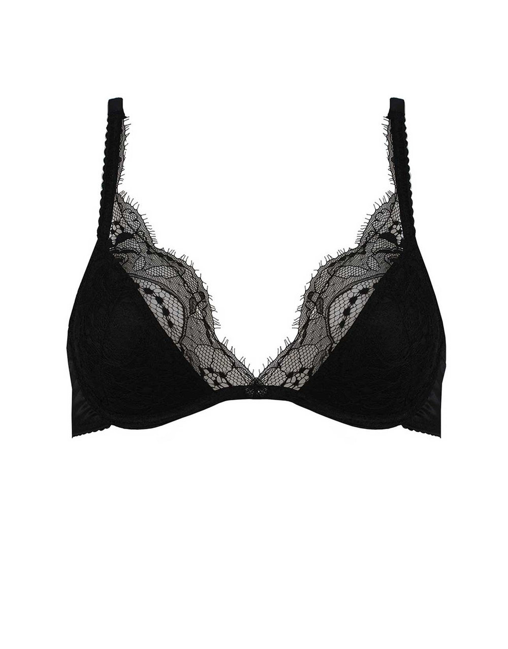 Fleur of England Signature Black Lace & Silk Padded Plunge Bra