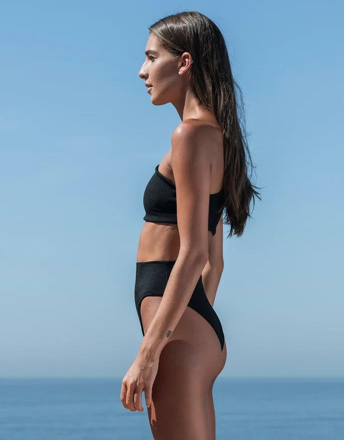 Haight One Shoulder Perlin Bikini Top in Black Crepe
