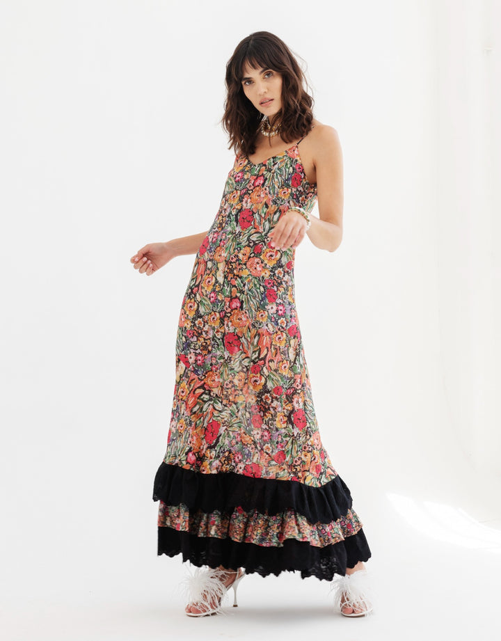 Isla & White Cleopatra Silk Midi Slip Dress with Ruffle