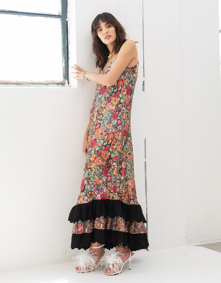 Isla & White Cleopatra Silk Midi Slip Dress with Ruffle