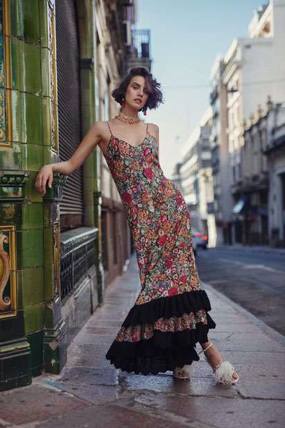 Isla & White Cleopatra Silk Midi Slip Dress with Ruffle