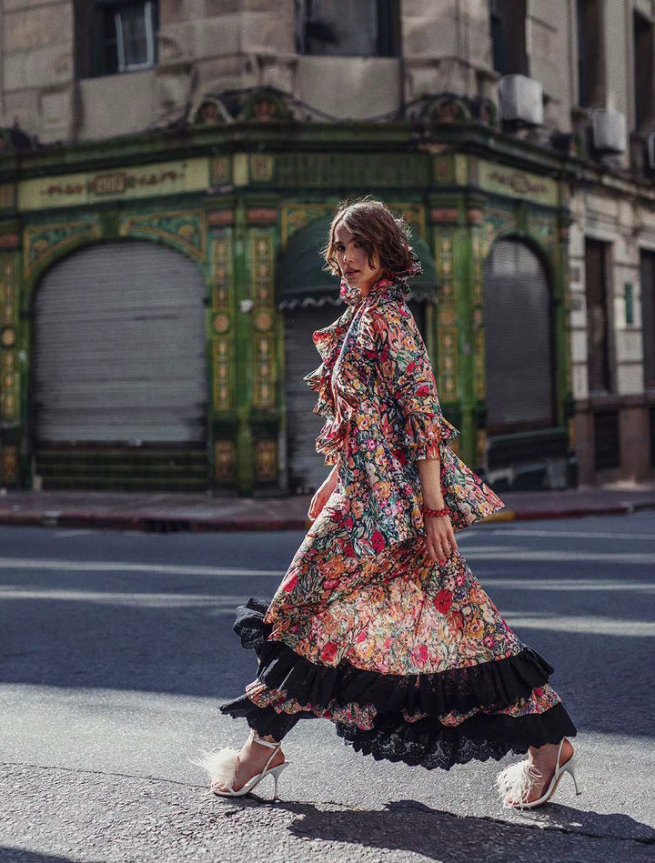 Isla & White Cleopatra Silk Midi Slip Dress with Ruffle