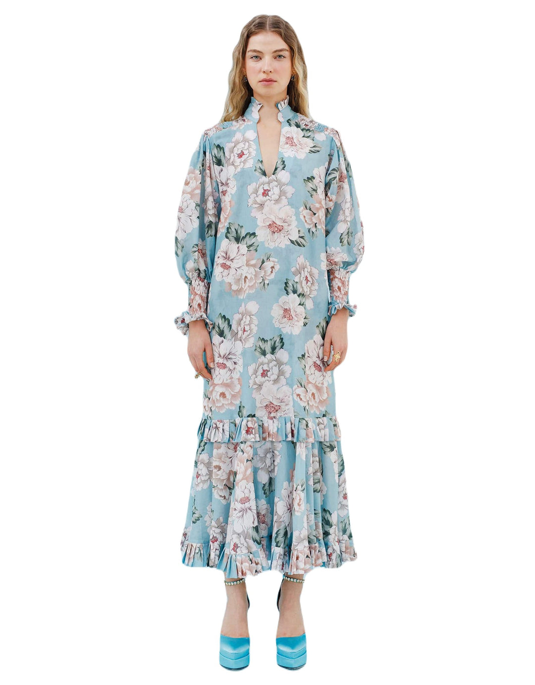Isla and White Adna Silk Midi Dress Crystal Floral - Blue