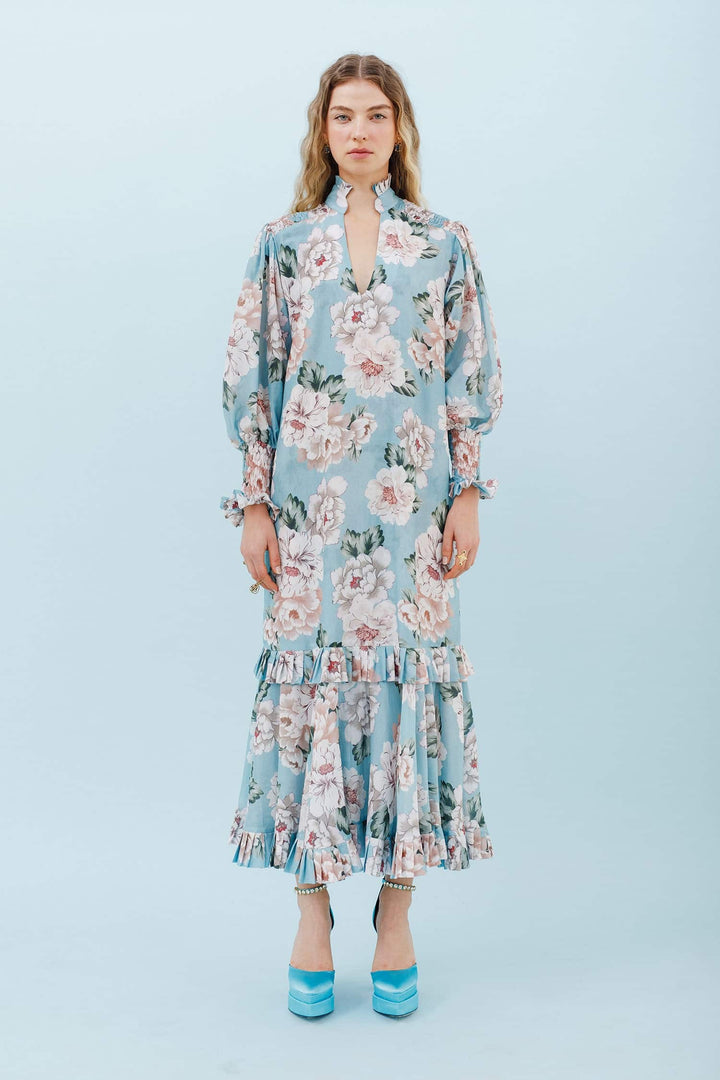 Isla and White Adna Silk Midi Dress Crystal Floral - Blue