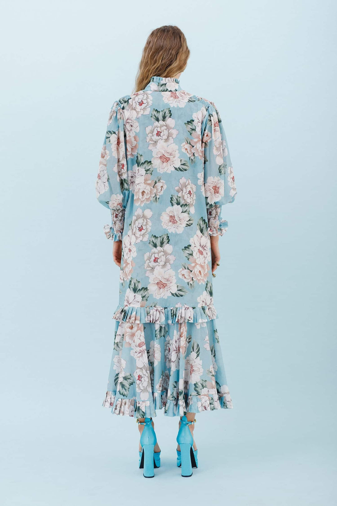 Isla and White Adna Silk Midi Dress Crystal Floral - Blue