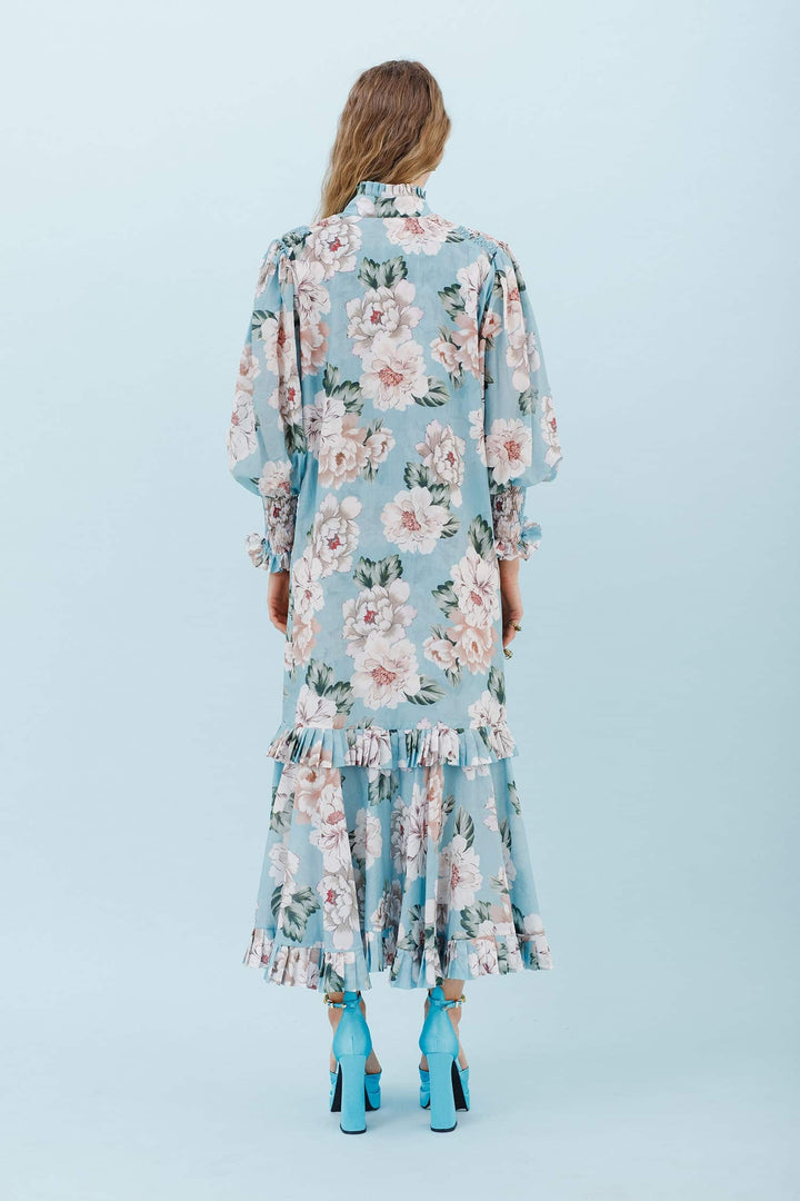 Isla and White Adna Silk Midi Dress Crystal Floral - Blue