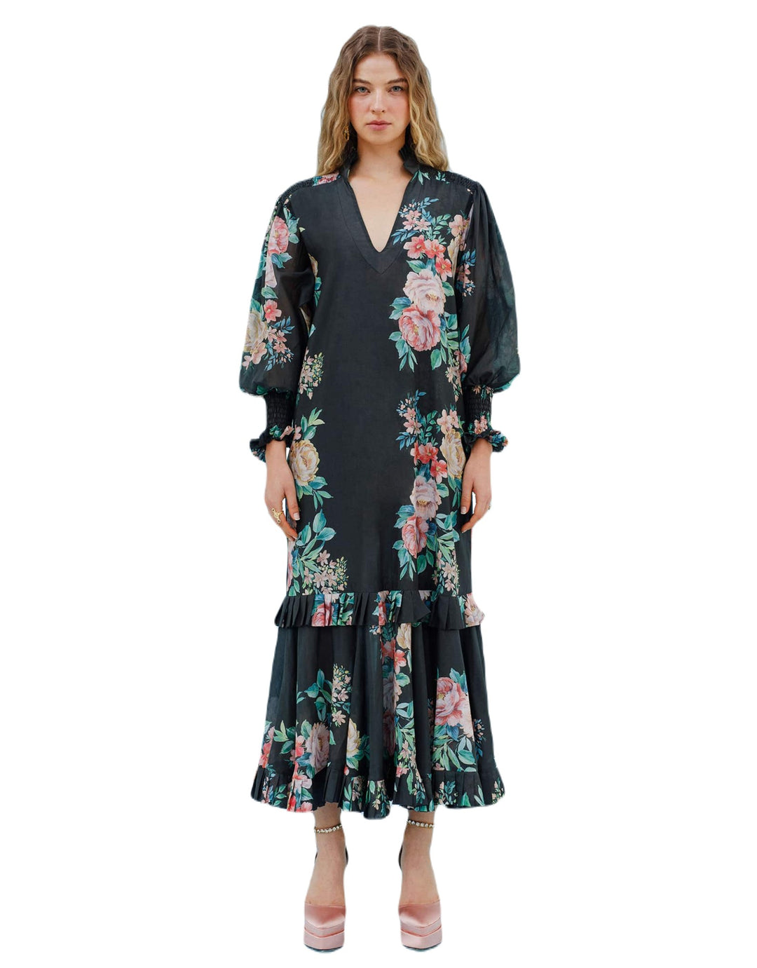 Isla and White Adna Silk Midi Dress Garden Floral - Black