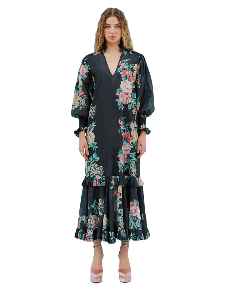 Isla and White Adna Silk Midi Dress Garden Floral - Black
