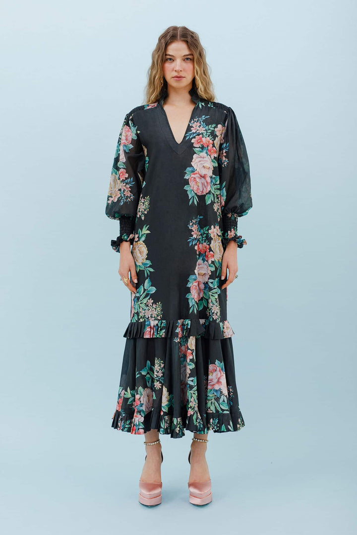 Isla and White Adna Silk Midi Dress Garden Floral - Black