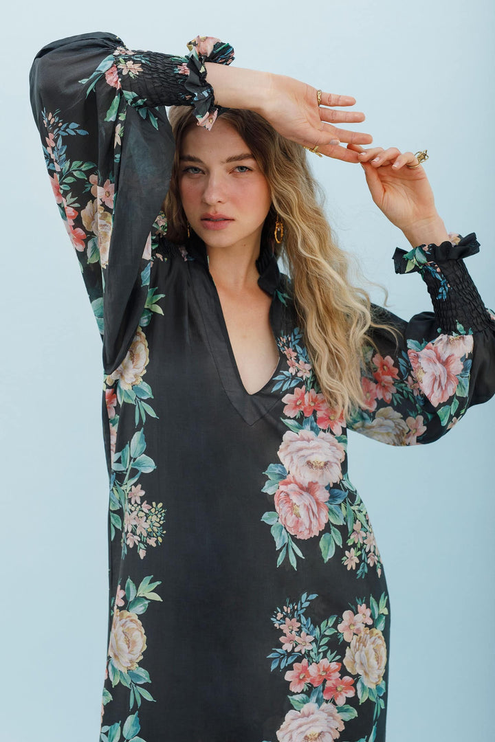 Isla and White Adna Silk Midi Dress Garden Floral - Black
