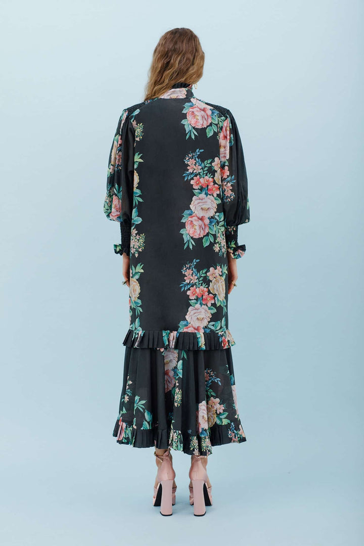 Isla and White Adna Silk Midi Dress Garden Floral - Black
