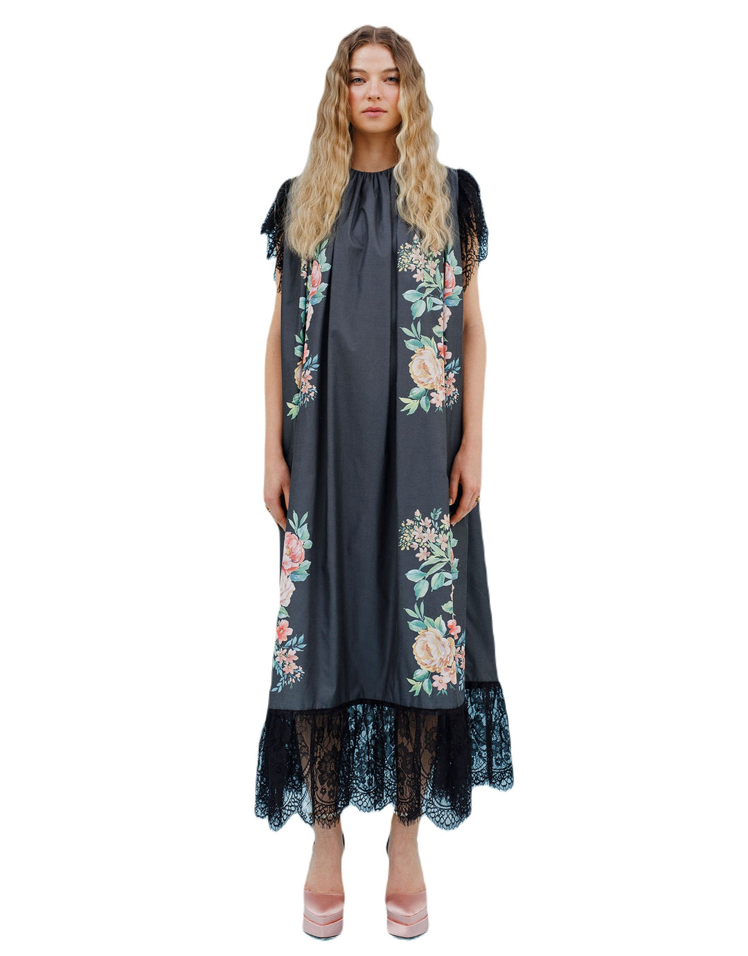 Isla and White Audre Silk Midi Dress Garden Black Floral