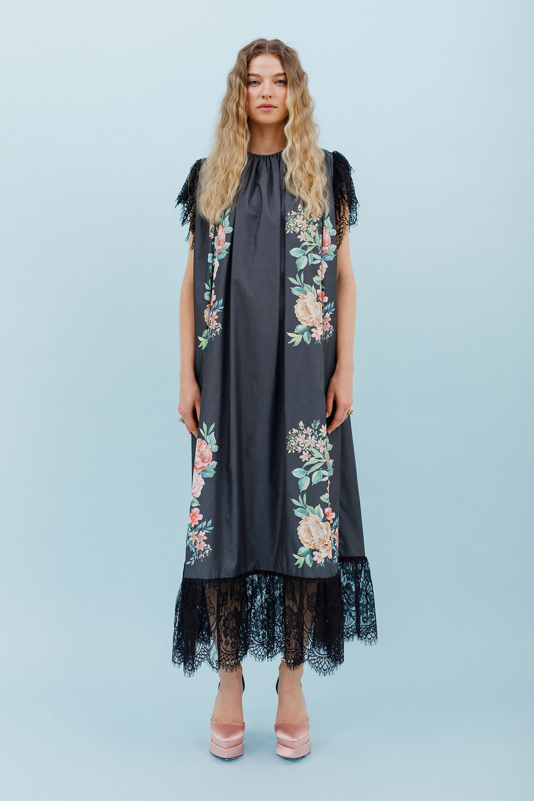 Isla and White Audre Silk Midi Dress Garden Black Floral