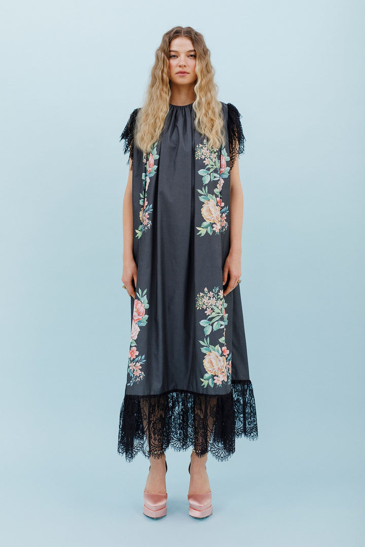 Isla and White Audre Silk Midi Dress Garden Black Floral