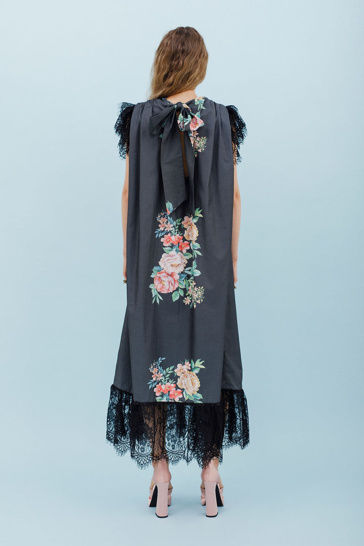 Isla and White Audre Silk Midi Dress Garden Black Floral