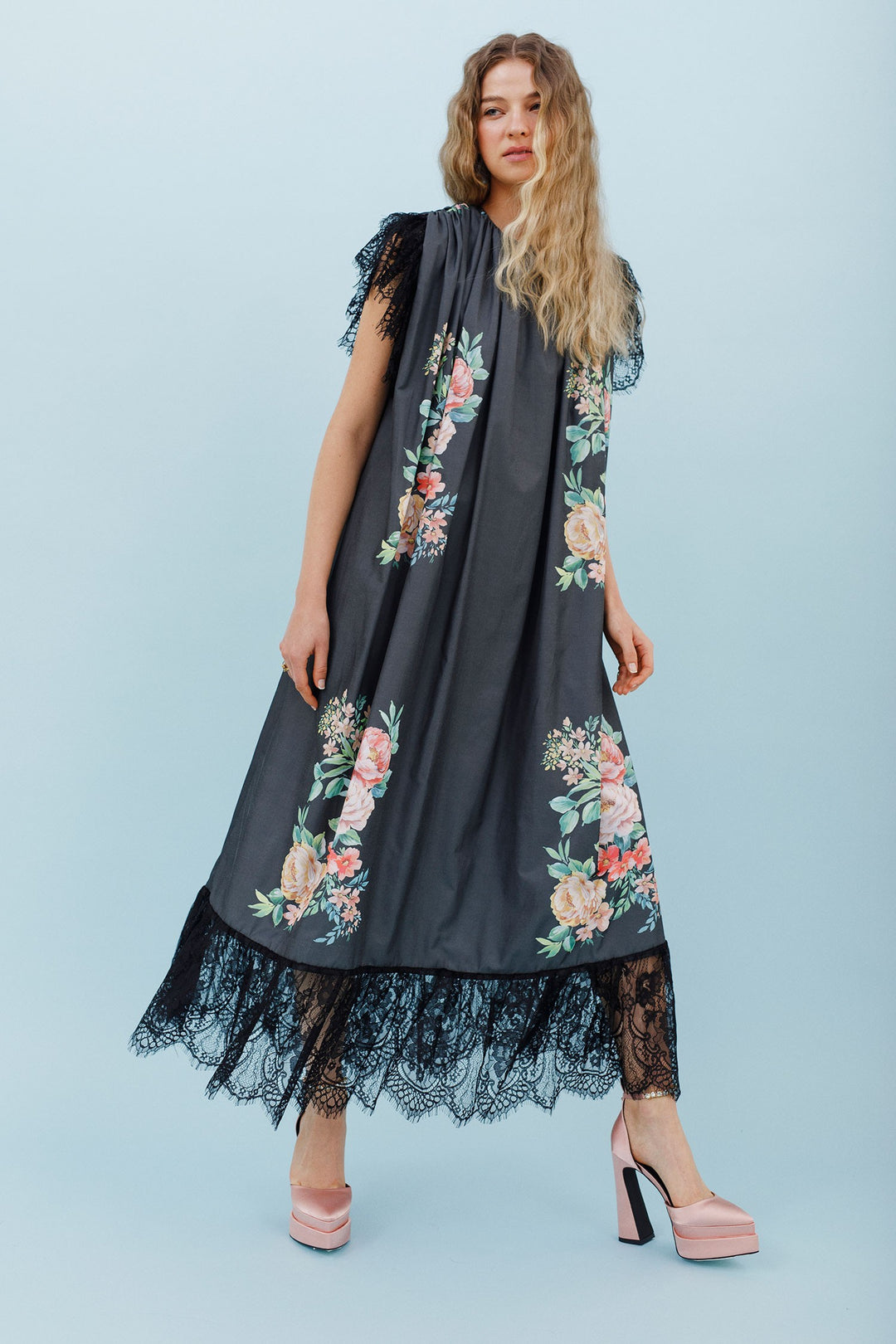 Isla and White Audre Silk Midi Dress Garden Black Floral