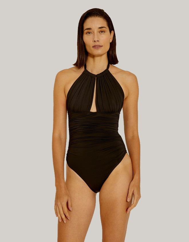 Lenny Niemeyer Ruched Adjustable Halter One Piece Swimsuit Black front
