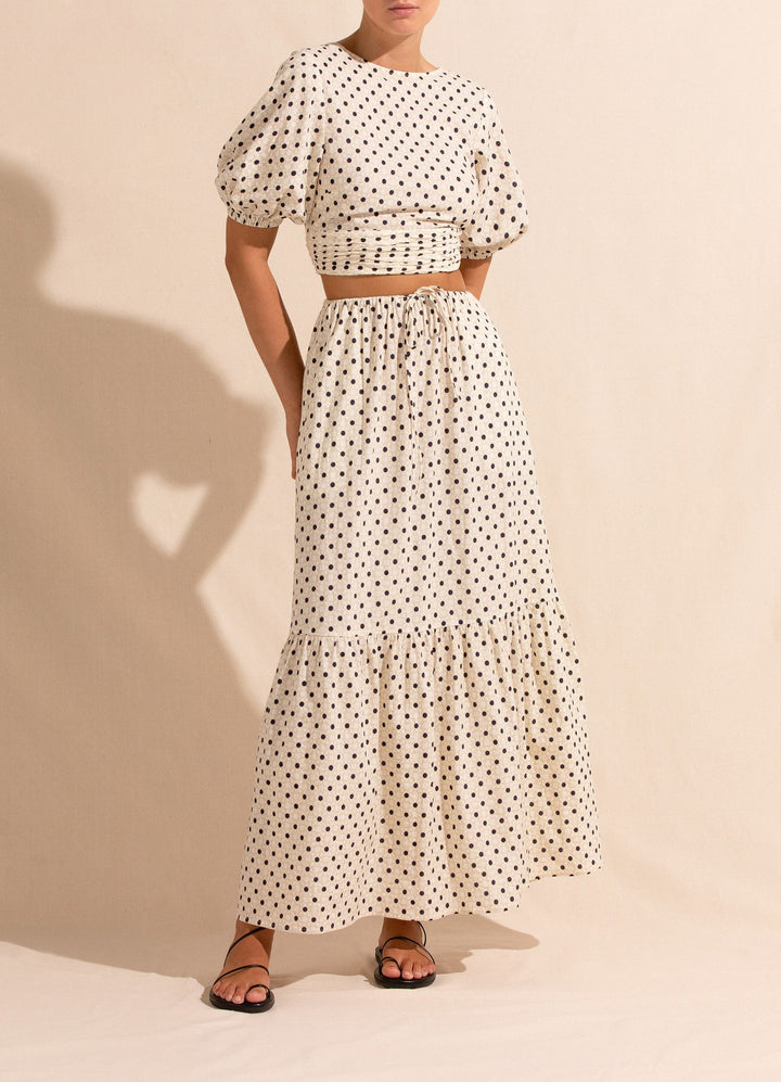 Peony Swimwear Holiday Tiered Skirt in Many Moons White Dot Print
