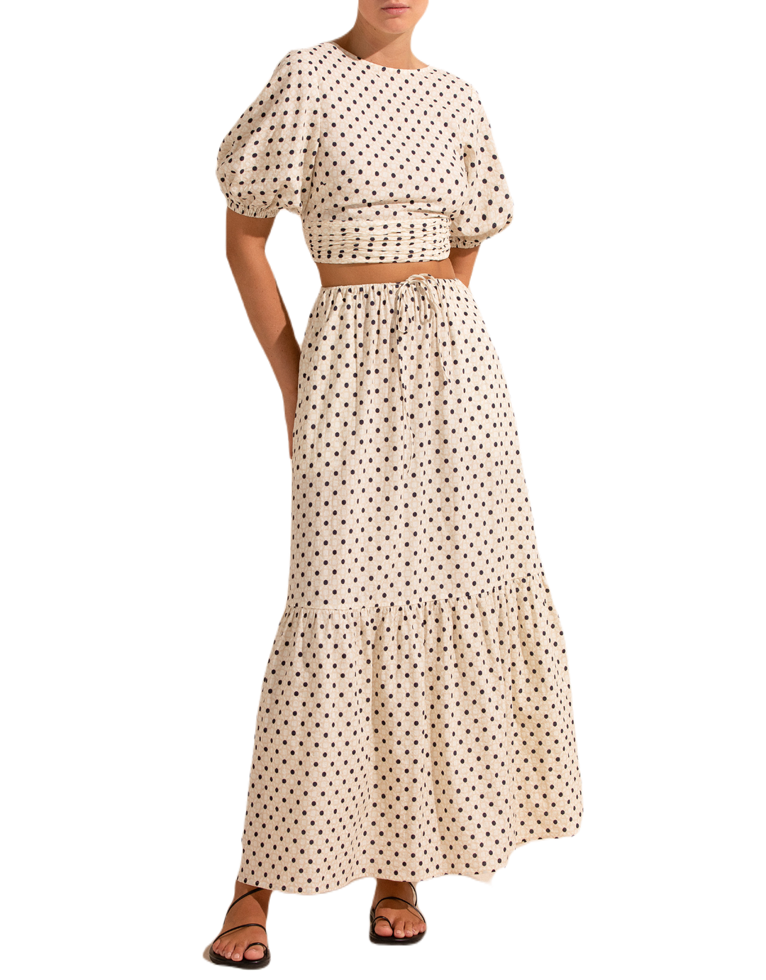 Peony Swimwear Holiday Tiered Skirt in Many Moons White Dot Print