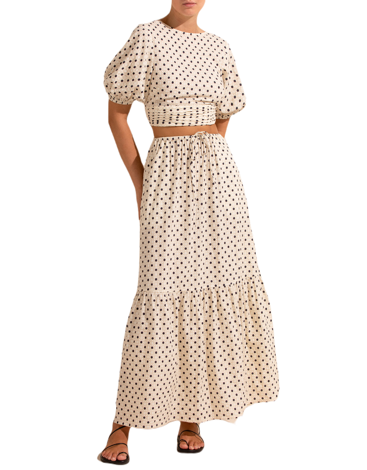 Peony Swimwear Holiday Tiered Skirt in Many Moons White Dot Print