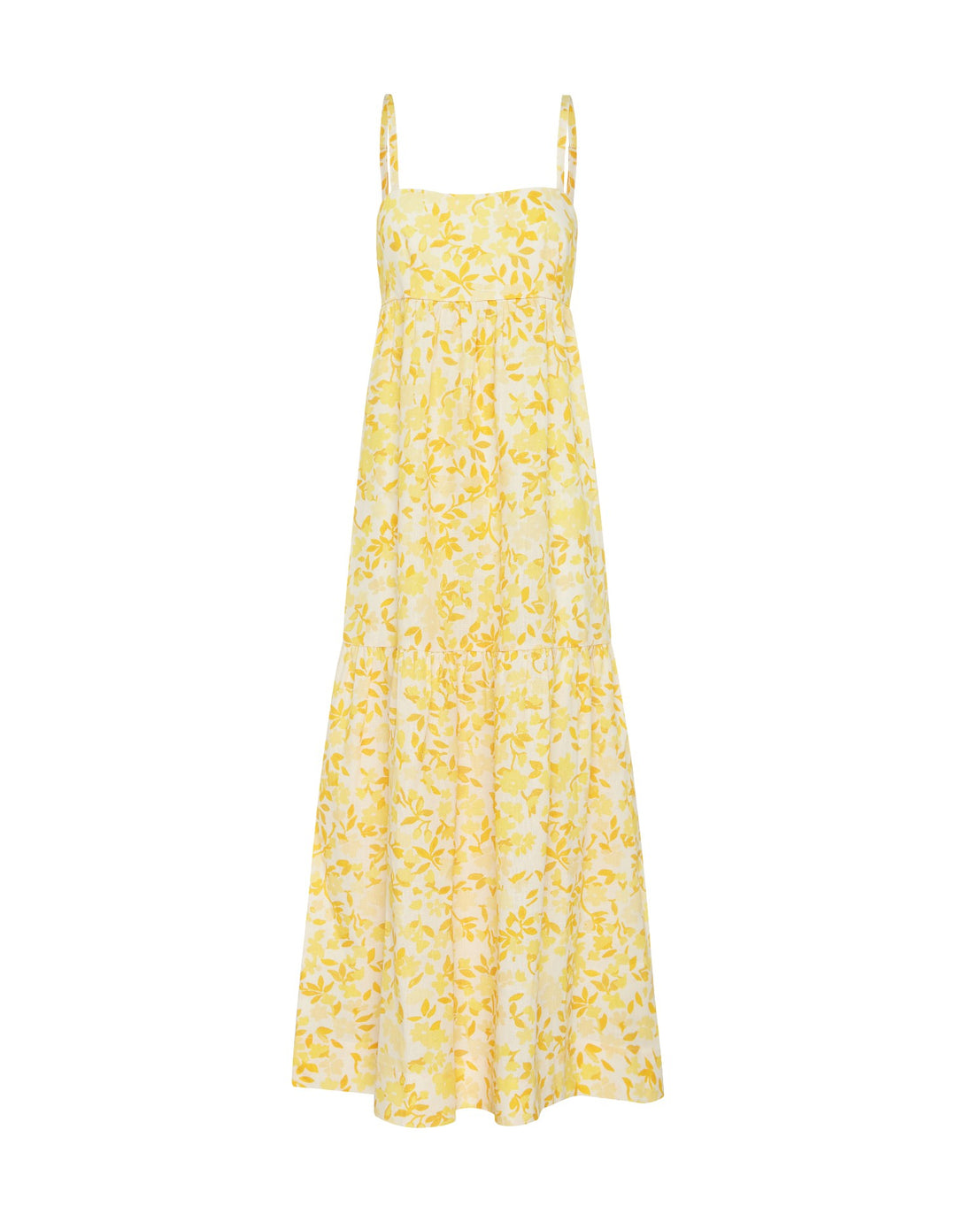 Effortless maxi dress with contoured bodice, open back, adjustable ties, and relaxed skirt in Peony's Daffodil floral print.
