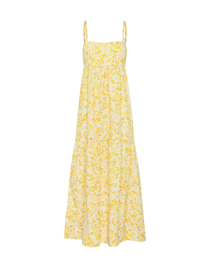 Effortless maxi dress with contoured bodice, open back, adjustable ties, and relaxed skirt in Peony's Daffodil floral print.