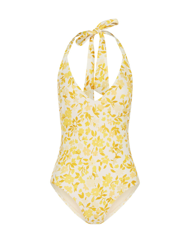 Halter One Piece Swimsuit, Daffodil Yellow Floral