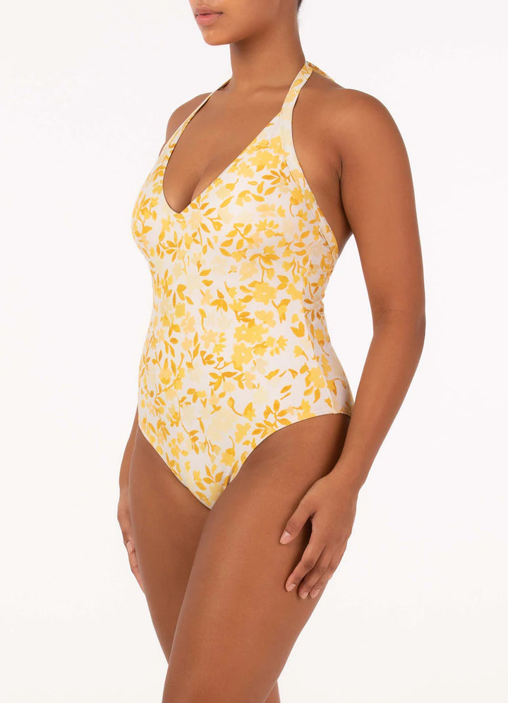Halter One Piece Swimsuit, Daffodil Yellow Floral