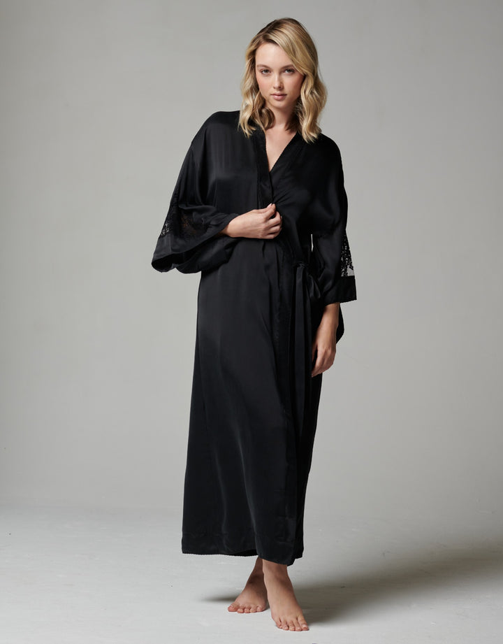 Shell Belle Alice Long Silk & Lace Kimono - Black