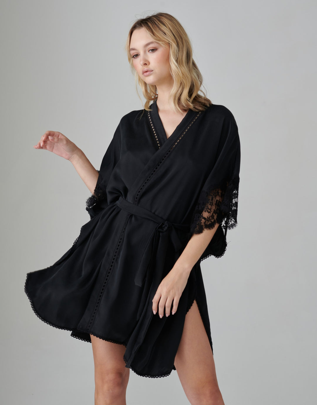 Shell Belle Couture Florence Black Silk Kimono – luxury lingerie at Catriona
