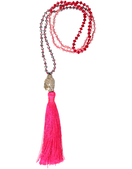 Buddha Head Bead Necklace, Pink Tassel
