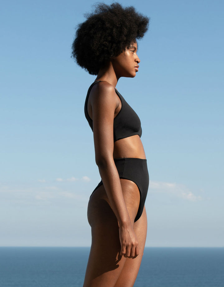 Haight One Shoulder Perlin Bikini Top in Black Crepe