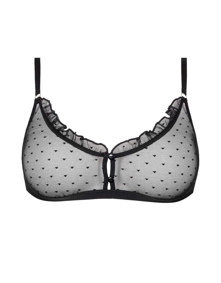 Atelier Amour Coup de Foudre Bralette in black plumetis tulle with ruffle and button details