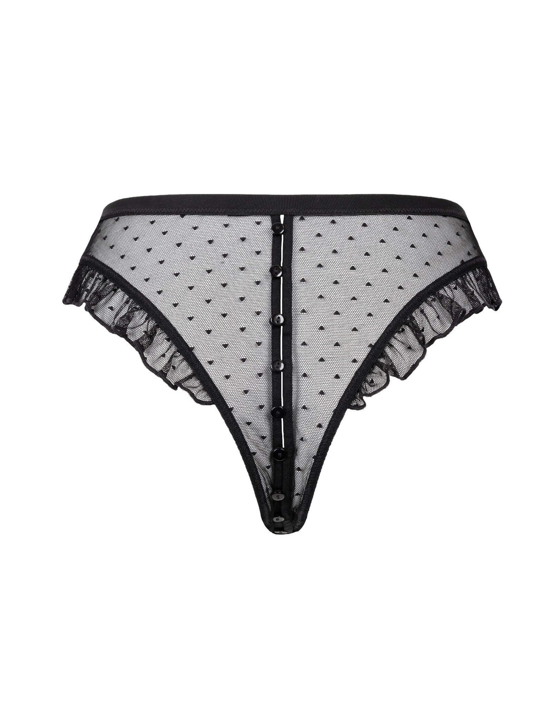 Atelier Amour Coup de Foudre Open Thong in sheer plumetis tulle with ruffles and button details