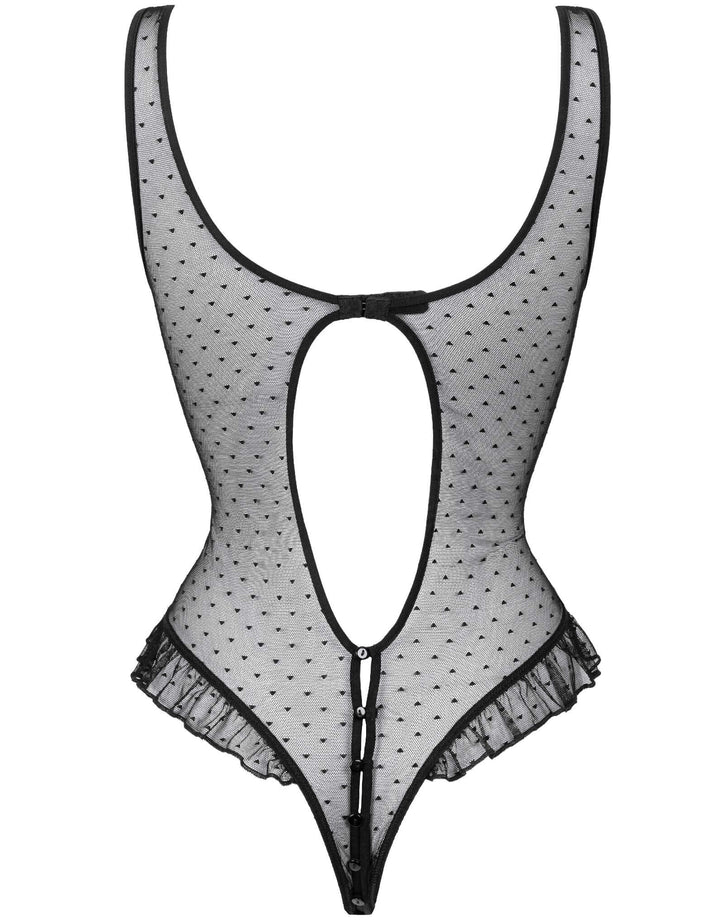 Atelier Amour Coup de Foudre Bodysuit in sheer plumetis tulle with ruffles and button details