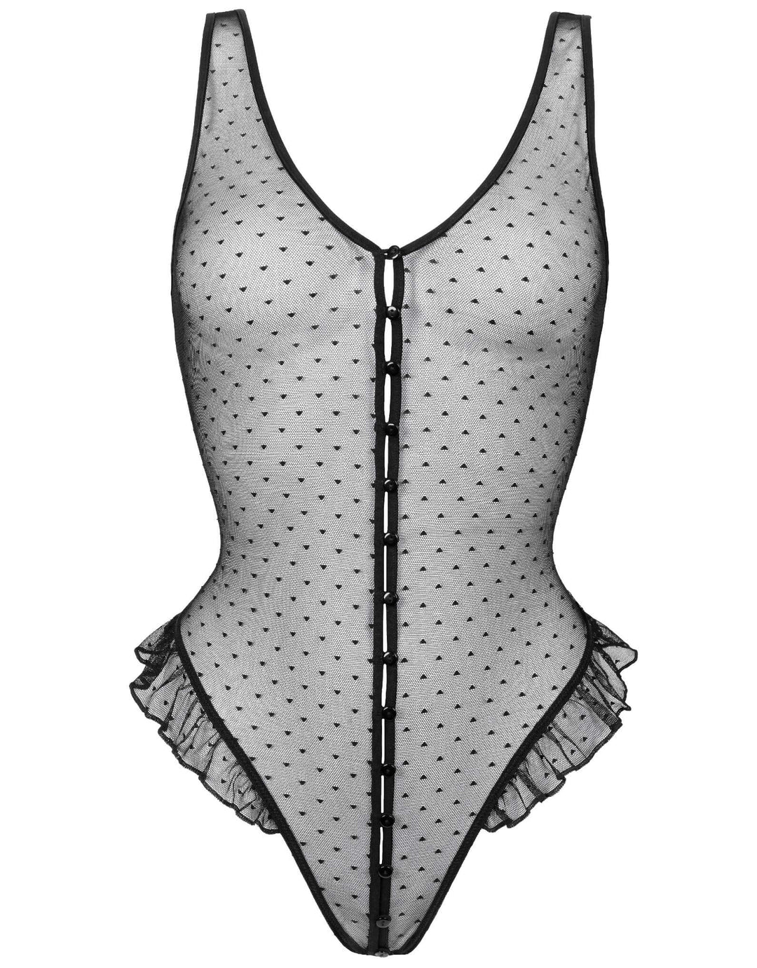 Atelier Amour Coup de Foudre Bodysuit in sheer plumetis tulle with ruffles and button details