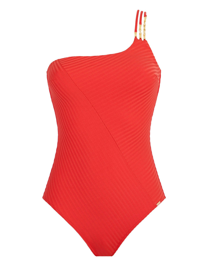 Aubade Sun Pop asymmetrical one‑piece swimsuit in coral, ribbed knit, gold‑tone chain jewel detail