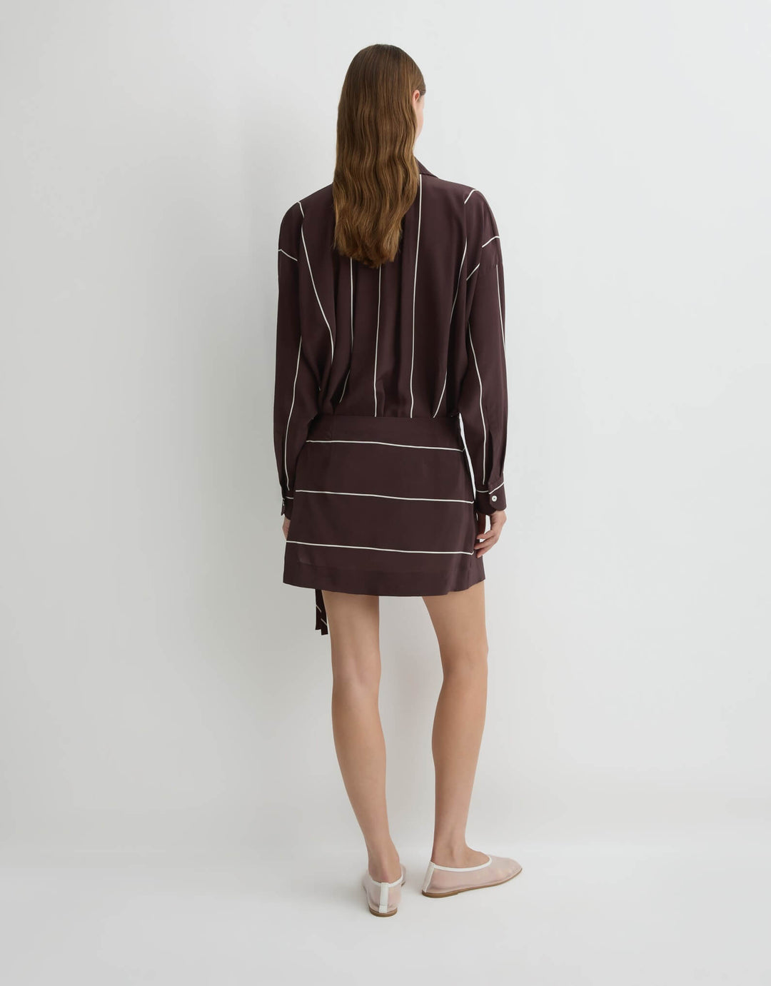 Bondi Born Orta Silk Wrap Mini Dress in Mocha Stripe