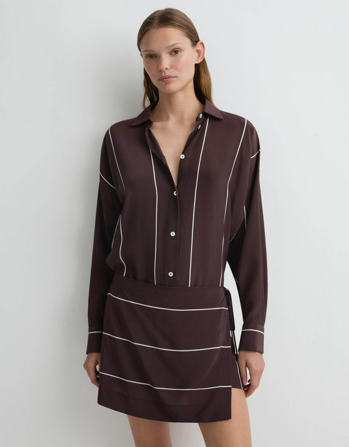 Bondi Born Orta Silk Wrap Mini Dress in Mocha Stripe