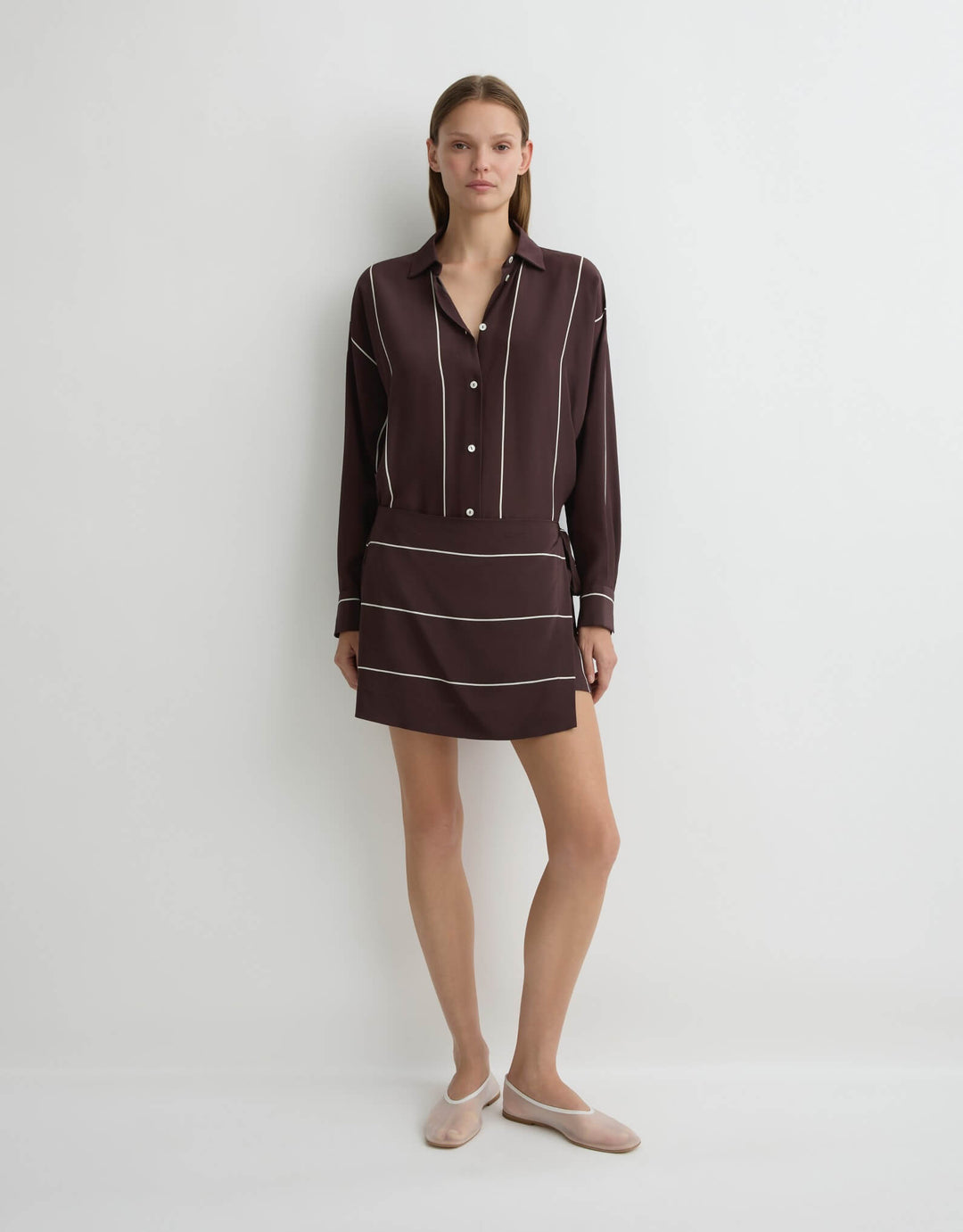 Bondi Born Orta Silk Wrap Mini Dress in Mocha Stripe